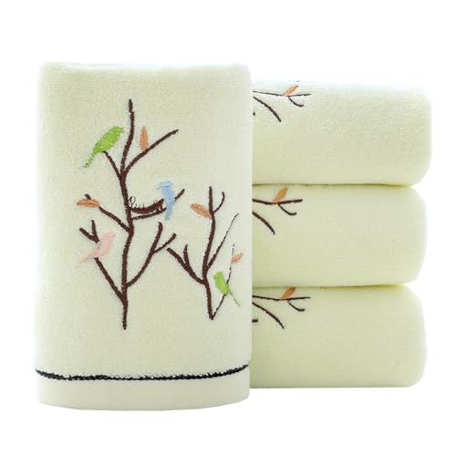 Hand Towels Set of 4 Embroidered Bird Tree Pattern 100% Cotton Absorbent Soft Decorative Towel for Bathroom (Light Yellow) - color: 4 Light Yellow, size: 13.8 x 29.5