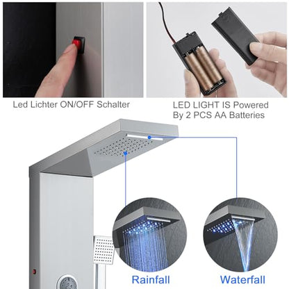 5 in 1 Shower Panel Tower System with LED Lights, Rainfall and Waterfall Shower Head, 3 Pcs Adjustable Body Jets, Handheld Shower, Tub Spout (Brushed Nickel) - color: Brushed Nickel - 2-in-1 Body Jets