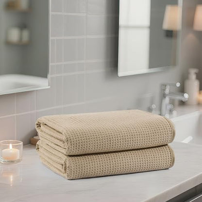 POLYTE 380 GSM Poly Blend Microfiber Quick Dry Waffle Bath Towel, 30x60 in | 2 Pack, Oversize, Lint Free, Body Towel - color: Beige