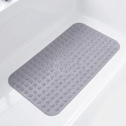 Double-Sided Anti-Slip Bath Tub Mat with Suction Cups and Drain Holes, Textured Surface, Bathtub Rug for Safety and Relaxation, 31.5" x 16" Grey