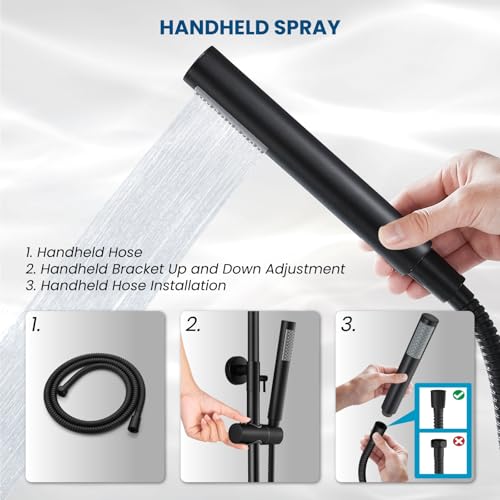 gotonovo 304 Stainless Steel Outdoor Shower Fixtures Exposed,Matte Black | 8 Inch Rain Showerhead with Handheld Sprayer Outdoor Outside Shower Kit System Faucet Head Valve Wall Mount for Pool Backyard - color: Black