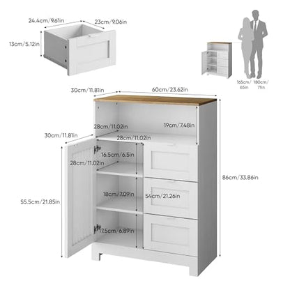 Smart FENDEE Bathroom Storage Cabinet with 3 Drawers, Floor Cabinet with Louvered Door, Freestanding Storage Unit for Bathroom, Kitchen, Living Room, White - size: 33.86" Small Floor Cabinet