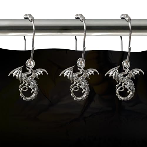 Dragon Shower Curtain Hooks Decorative Rings for Bathroom Cool Kids Bath Decor Rust-Resistant Stainless Steel Curtain Rings Pack of 12 (Silver) - size: Dragon