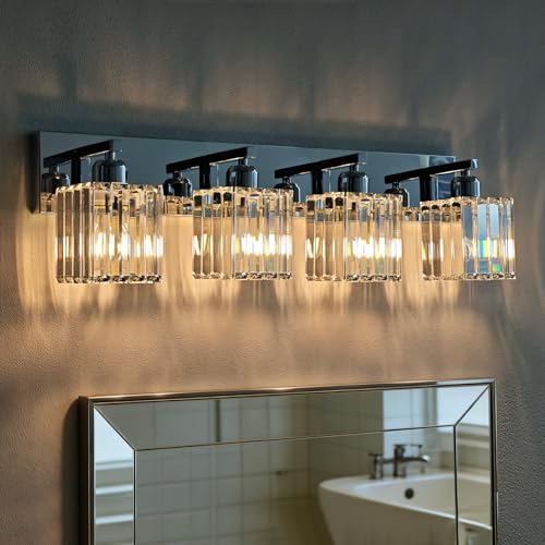 Brushed Chrome Crystal Bathroom Vanity Light, 4-Light Modern Bathroom Lighting Fixtures Over Mirror,Chrome Wall Sconce Light Fixtures with Square Shade - color: Chrome-Square Shade, size: 4-LIGHT