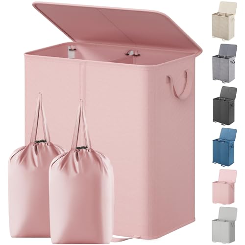 Lifewit Double Laundry Hamper with Lid and Removable Laundry Bags, Large Collapsible 2 Dividers Dirty Clothes Basket with Handles for Bedroom Laundry Room Closet Bathroom College, 155L Pink - color: Pink, size: 155L