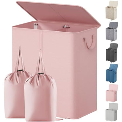 Lifewit Double Laundry Hamper with Lid and Removable Laundry Bags, Large Collapsible 2 Dividers Dirty Clothes Basket with Handles for Bedroom Laundry Room Closet Bathroom College, 155L Pink - color: Pink, size: 155L
