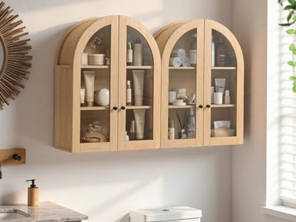 Bathroom Arched Wall Cabinet, 23.5'' Wide Medicine Cabinet, Bathroom Cabinet Wall Mount W/ Glass Doors & Adjustable Shelves, Over The Toilet Storage Cabinet for Laundry Room, Bedroom,Kitchen,Natural - color: Natural