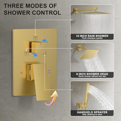 Rain Shower System 12" & 6" Dual Shower Heads, Wall Mount Shower Faucet Set | Ideal for bathroom remodels and upgrades with 12" rain shower, 6" angled shower, handheld spray and complete valve kit. - color: Brushed Gold, size: Wall Mounted - 12"+6" Shower