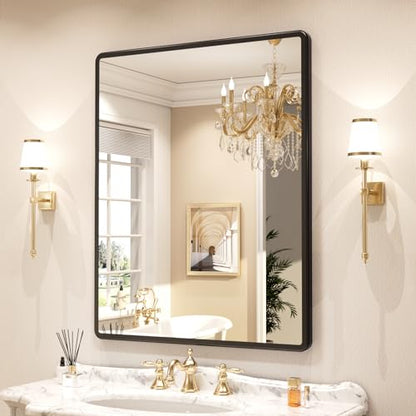 pertetey 36 x 30 in Rounded Rectangle Bathroom Mirror, Black Metal Frame | Black Metal Frame, Rounded Rectangle Design, Tempered Glass, Wall Mounted - size: 36”×30”