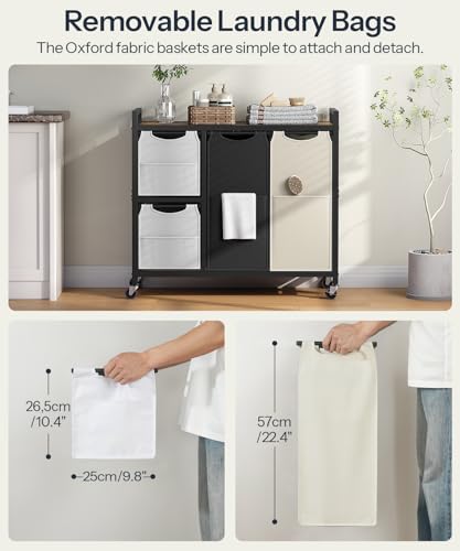 HOOBRO Laundry Sorter with 4 Section, 39 Gal. (147 L) Laundry Hamper with Wheels, Rolling Laundry Basket with Shelf, Pull-Out Detachable Bags, Side Pockets, Rustic Brown, Black and Beige BFE14XY01N1 - color: Rustic Brown + Black + Beige + Gray