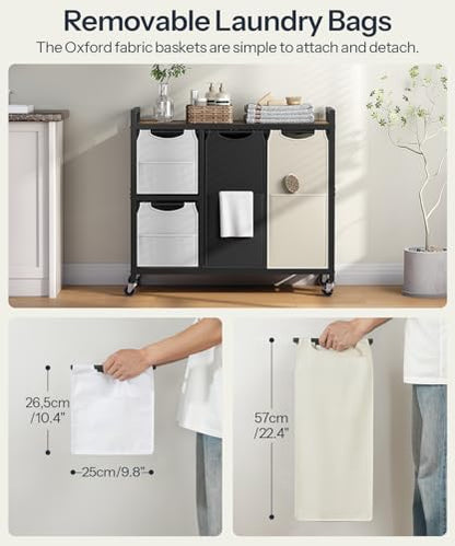HOOBRO Laundry Sorter with 4 Section, 39 Gal. (147 L) Laundry Hamper with Wheels, Rolling Laundry Basket with Shelf, Pull-Out Detachable Bags, Side Pockets, Rustic Brown, Black and Beige BFE14XY01N1 - color: Rustic Brown + Black + Beige + Gray