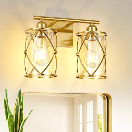 2-Light Brushed Gold Bathroom Light Fixtures, 13.8 Inch Modern Bathroom Vanity Lighting Fixtures Over Mirror with Clear Glass and Metal Cage Wall Sconce Lights for Bath, E26, CH9176BG-2W - color: Gold + Clear Glass, size: 2-Light, 13.8" L