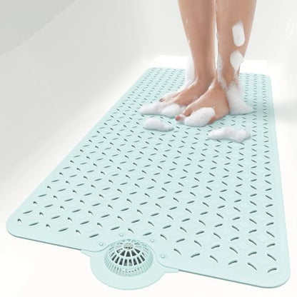OTHWAY Bath Mat for Tub Non Slip: 39" X 17" Long Bathtub Mat with Hair Catcher│Big Drain Holes Shower Mats for Inside Shower│Machine Washable (Light Blue) - color: Light Blue