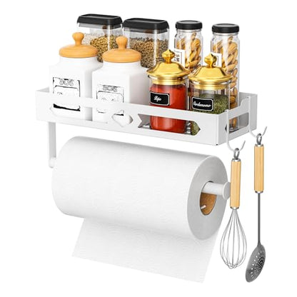 Wall Mount Paper Towel Holder with Shelf for Bathroom, Kitchen,White 2Hooks | Metal Spice Rack, Easy One-Hand Tear Design Mounted Hanging Hand Paper Towel Roll Holder for RV, Home(Self Adhesive or Drill) - color: White