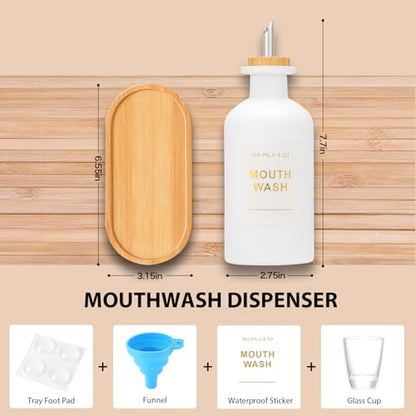 11.8OZ Mouthwash Dispenser, Set of 2, White | Bamboo & Stainless Steel Pour Spout, Mouthwash Cups Reusable, Bamboo Tray, Elegant Gold Label - color: White/350*2