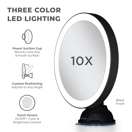 Zadro Zado 8.25-Inch x 6.9-Inch Round LED Lighted Wall Mounted Suction Cup Makeup Mirror with 10X Magnification and Touch Controls (Black) - color: Black