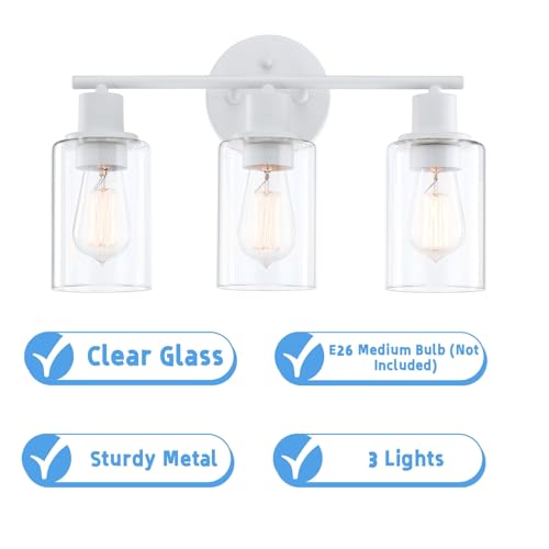 WISBEAM 3-Light Bathroom Vanity Wall Light, White Bathroom Light Fixtures Over Mirror with Clear Glass Shade Including E26 Medium Base, Bulb NOT Included - color: White, size: VNT004