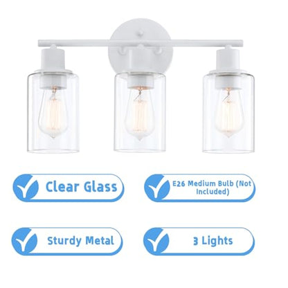 WISBEAM 3-Light Bathroom Vanity Wall Light, White Bathroom Light Fixtures Over Mirror with Clear Glass Shade Including E26 Medium Base, Bulb NOT Included - color: White, size: VNT004