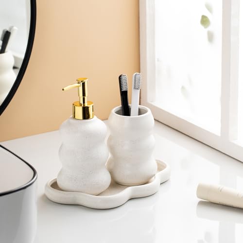 3-Piece Ceramic Bathroom Accessories Set with Sand Point Glaze Design - Tray, Lotion Dispenser, and Tumbler - Bring Nature to Your Bath - color: Beige