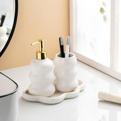 3-Piece Ceramic Bathroom Accessories Set with Sand Point Glaze Design - Tray, Lotion Dispenser, and Tumbler - Bring Nature to Your Bath - color: Beige