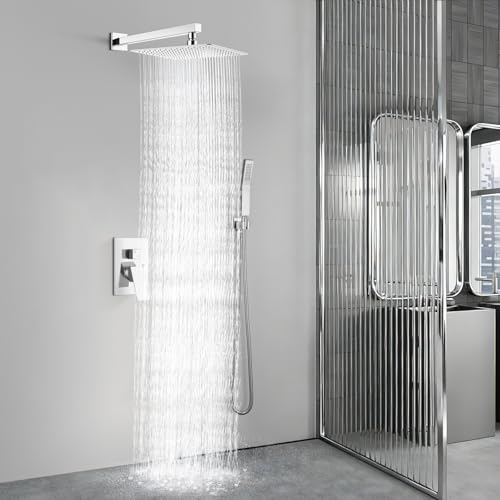 Aolemi Shower Faucet Set with Handheld Polish Chrome 16 Inch Head | Pressure Balance Shower Valve and Trim Kit,SUS304 Rain Head and Handle System,All Metal,Wall Mount,Bathroom,Handheld Spray - color: Chrome, size: 16 Inch Wall Mount Shower Head