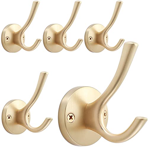 TOFIIGREM Gold Wall Hooks, 5 Pack Coat Robe Hook Heavy Duty Metal Double Bath Hook Wall Mounted, Hand Towel Hooks for Cubicle Bathroom Kitchen Closet Garage - color: Gold, size: 5 Pack