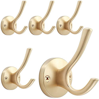 TOFIIGREM Gold Wall Hooks, 5 Pack Coat Robe Hook Heavy Duty Metal Double Bath Hook Wall Mounted, Hand Towel Hooks for Cubicle Bathroom Kitchen Closet Garage - color: Gold, size: 5 Pack