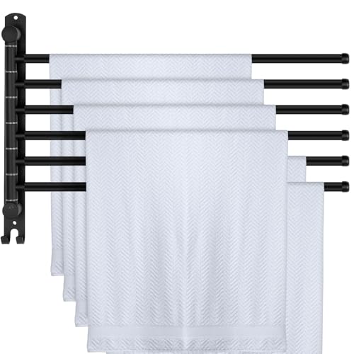 Teenyyou Swivel Towel Rack 20.4 Inches 304 Stainless Steel 6 Arms Bathroom Towel Rack Hanger Space Saving Pool Holder Wall Mounted Swivel Bar with Hook, Matte Black - color: Black, size: 20.4 Inches, style: 6 Arms
