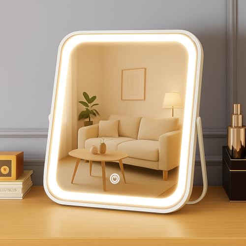 YEKKOPT Rechargeable Vanity Mirror with Lights,8x10 Inch 3 Color Lighting Portable Makeup Mirror with Touch Screen Adjustable LED Lights,Desk Mirror for Travel, Home - color: White, size: 10"L x 8"W