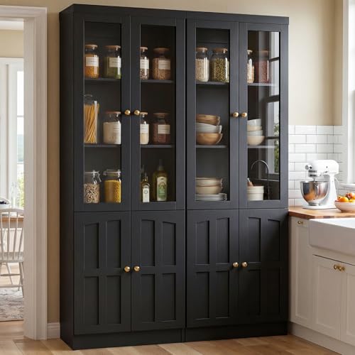 Cyclysio 80" Kitchen Pantry Cabinet with Glass Doors and Adjustable Shelves, Kitchen Cabinet with Thickened Top Panel, Tall Cabinet for Livingroom, Pantry, Bathroom, Black, Set of 2
