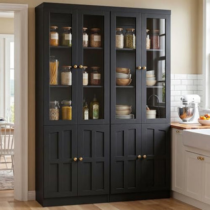 Cyclysio 80" Kitchen Pantry Cabinet with Glass Doors and Adjustable Shelves, Kitchen Cabinet with Thickened Top Panel, Tall Cabinet for Livingroom, Pantry, Bathroom, Black, Set of 2