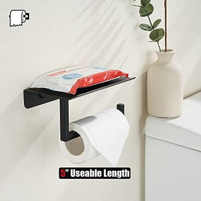JQK Toilet Paper Holder Shelf, Bathroom Tissue Roll Holder with Phone Shelf, 5 Inch 304 Stainless Steel Tissue Paper Dispenser, Matte Black Wall Mount, TPH202-PB - color: Black