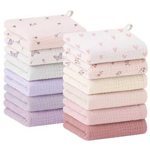 Bearmoss 12 Pack Baby Muslin Washcloths, 100% Cotton 10"x10" Face Towels | Soft Absorbent Bath Wash Cloths and Burp Cloths for Newborn Infants Kids Girls & Boys (Pink Purple) - color: Pink Purple
