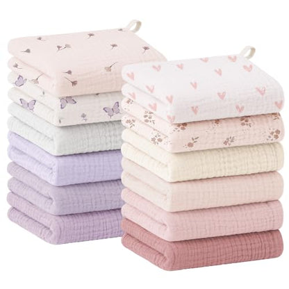 Bearmoss 12 Pack Baby Muslin Washcloths, 100% Cotton 10"x10" Face Towels | Soft Absorbent Bath Wash Cloths and Burp Cloths for Newborn Infants Kids Girls & Boys (Pink Purple) - color: Pink Purple