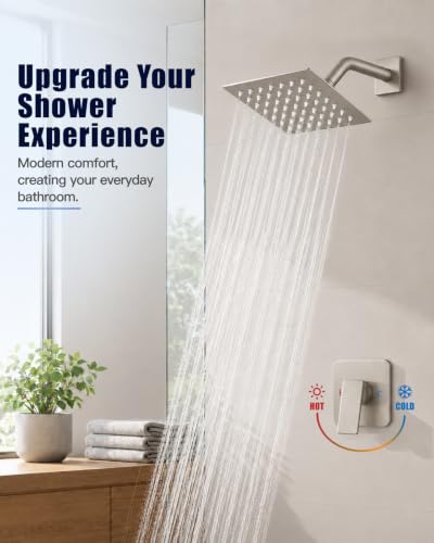 Heyalan 6 Inch Square Rain Shower Faucet Set with Valve, Brushed Nickel | Female-thread 1/2-inch NPT connections, SUS304 shower head, brass rough-in valve, single-handle control Shower Set - color: Nickel, size: 6 Inch Square Shower Head
