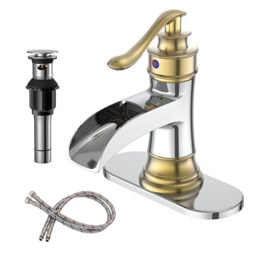 BWE Brass Waterfall Bathroom Faucet, Brushed Gold & Chrome for Modren Style | Wide Waterfall Spout, Ceramic Cartridge, Fits 1 or 3-Hole Sink, Single Handle, Hardware Kit Included, Not for Vessel Sink - color: Chrome & Gold