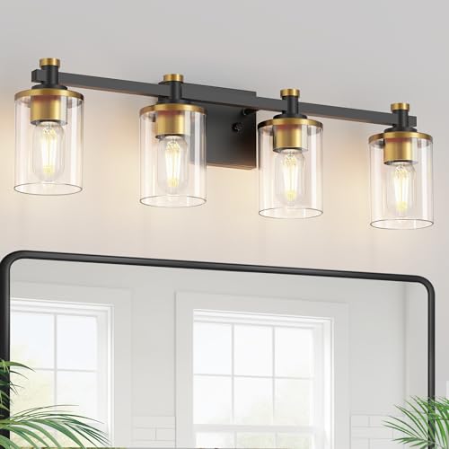 Bathroom Light Fixture, Bathroom Vanity Light Over Mirror, 4-Lights | Vanity Lights for Bathroom, Modern Lighting Fixtures with Clear Glass Shade, Black and Gold Vanity Lights, ETL Listed - color: Gold and Black, size: 4-Lights