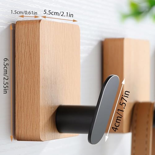 DELITON Towel Hooks Wall Mounted - Adhesive Bathroom Coat Hooks for Hanging Robes Clothes Light Brown, Black Solid Wood Beech Wall Hook 4 Packs - color: Light Brown
