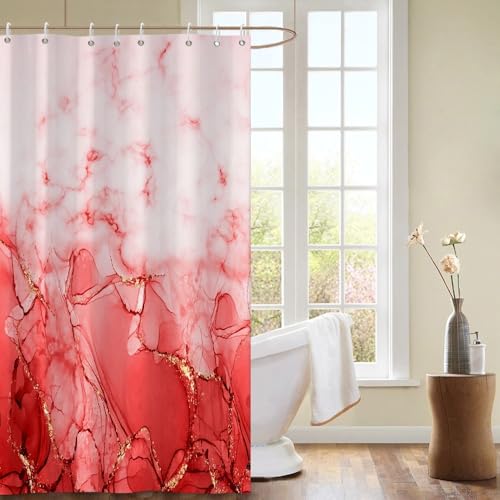 Red Marble Stall Waterproof Shower Curtain 48x72 inches | RV Small Shower Curtain Set for Bathroom, Abstract Modern, Machine Washable, Easy to Install with Hooks, Ombre White Red - color: Red, size: 48"W x 72"L (Pack of 1)