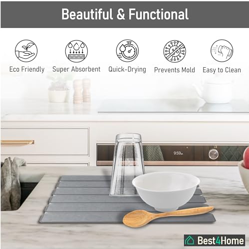 Stone Drying Mat for Kitchen Counter - Grey 12x16In Dish Drying Mat - Foldable Diatomite Stone Dish Rack - Absorbent Diatomaceous Earth Non-Slip Tray for Bathroom
