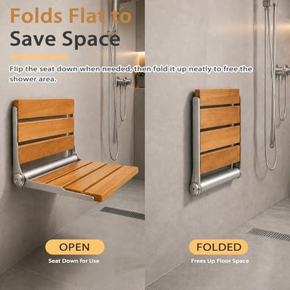 Folding Shower Seat Teak, Bath Safety Furniture Stainless Steel, Shower Seats for Elderly, Fold Down Shower Seat, Oak and Stainless Steel - color: Teak and Silver Stainless Steel