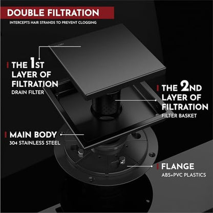 6 Inch Square Shower Drain Black Floor Drain with Flange Reversible 2-in-1 Cover Tile Insert Grate Removable SUS304 Stainless Steel CUPC Certified Matte Black - color: Matte Black, size: 6 Inch