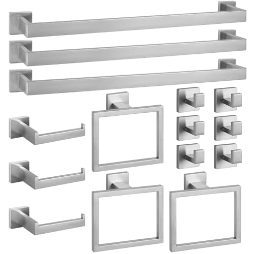 Cilee 15-Pieces Brushed Nickel Bathroom Hardware Set, 24 inch Towel Bar Set | Towel Bar, Square Towel Ring Toilet Paper Holder Towel Hook, Bathroom Accessories Wall-Mounted Stainless Steel Towel Rack Set - color: 15 - Brushed Nickel, size: 15 Pieces