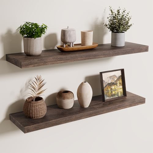 Axeman Floating Shelves for Wall - 32''W x 8'' D Rustic Solid Elm Wood Shelves for Storage, Wall Mounted Display Shelving with Invisible Heavy-Duty Metal Bracket (Walnut, 2PCs) - color: Walnut With Flat Edge, size: 32 inches - 2P