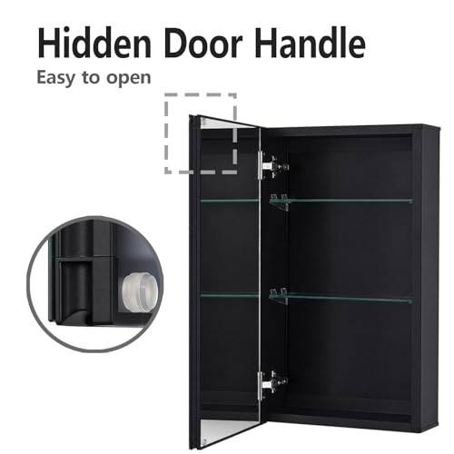 14 x 24 Black Aluminum Medicine Cabinet with Mirror, Recessed/Surface Mount | Bathroom Medicine Cabinet, 2 Adjustable Glass Shelves, Double-Sided Beveled Mirror Door, Soft-Close Hinge, Reversible Swing