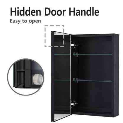 14 x 24 Black Aluminum Medicine Cabinet with Mirror, Recessed/Surface Mount | Bathroom Medicine Cabinet, 2 Adjustable Glass Shelves, Double-Sided Beveled Mirror Door, Soft-Close Hinge, Reversible Swing