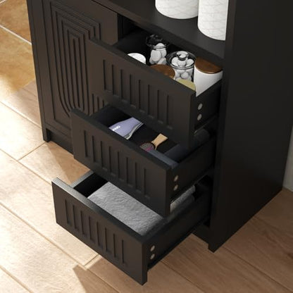 Gyfimoie Bathroom Storage Cabinet with 3 Drawers, Wooden Floor Cabinet with 1 Sliding Door & Adjustable Shelves for Bathroom, Living Room, Entryway (Black)
