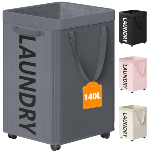 Optish 140L Laundry Hamper with Wheels, Rolling Laundry Basket with Removable Mesh Bag, Extra Large Clothes Hamper on Wheel for Bedroom, Bathroom, Dorm Room Essentials, Grey - color: Grey, size: 140L (37Gal)