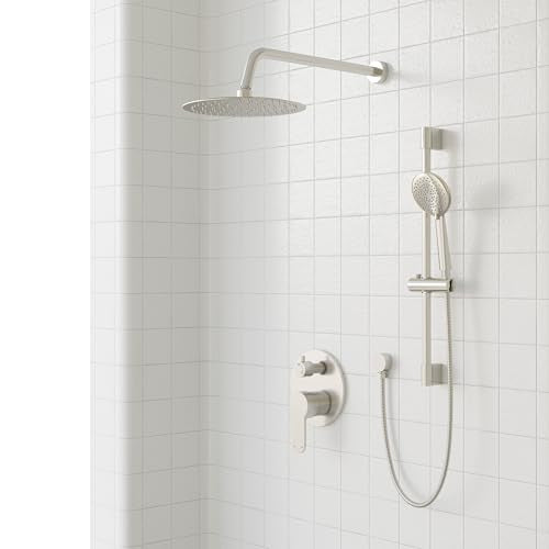 Gabrylly Shower System, Slide Bar Shower Faucet Set, 12", Brushed Nickel | Rainfall Shower Head with 5-Setting Handheld Spray, Wall Mounted Shower Set Included 2-Way Shower Valve and Trim Kit - color: Brushed Nickel, size: 12 Inch