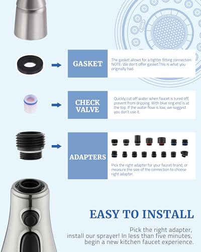 Kitchen Faucet Spray Head Replacement with 15 Adapters, Brushed Nickel | Pull Down Faucet Sprayer Head, 3 Functions Stream/Spray/Blade, Easy to Install, Removable Aerator, for Kitchen Sink Faucet - color: Brushed Nickel